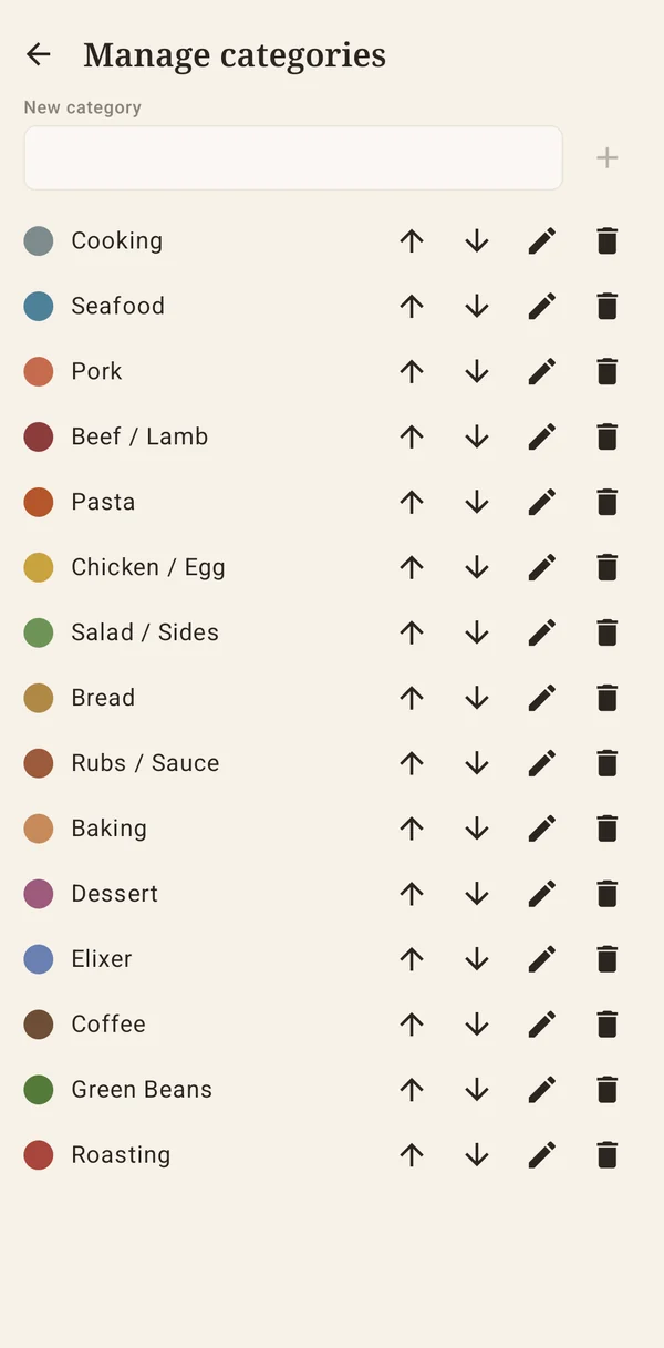 A list of colour-coded categories such as Seafood, Pasta and Bread
