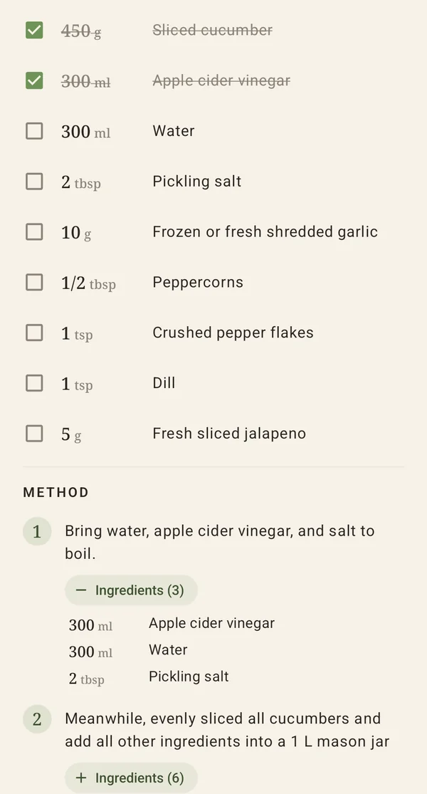 Ingredients with two ticked off, and a method step showing the three ingredients it uses