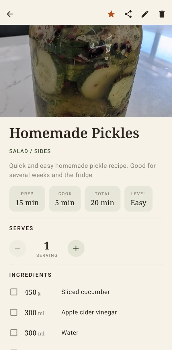 A recipe with a photo of homemade pickles, prep and cook times, and difficulty