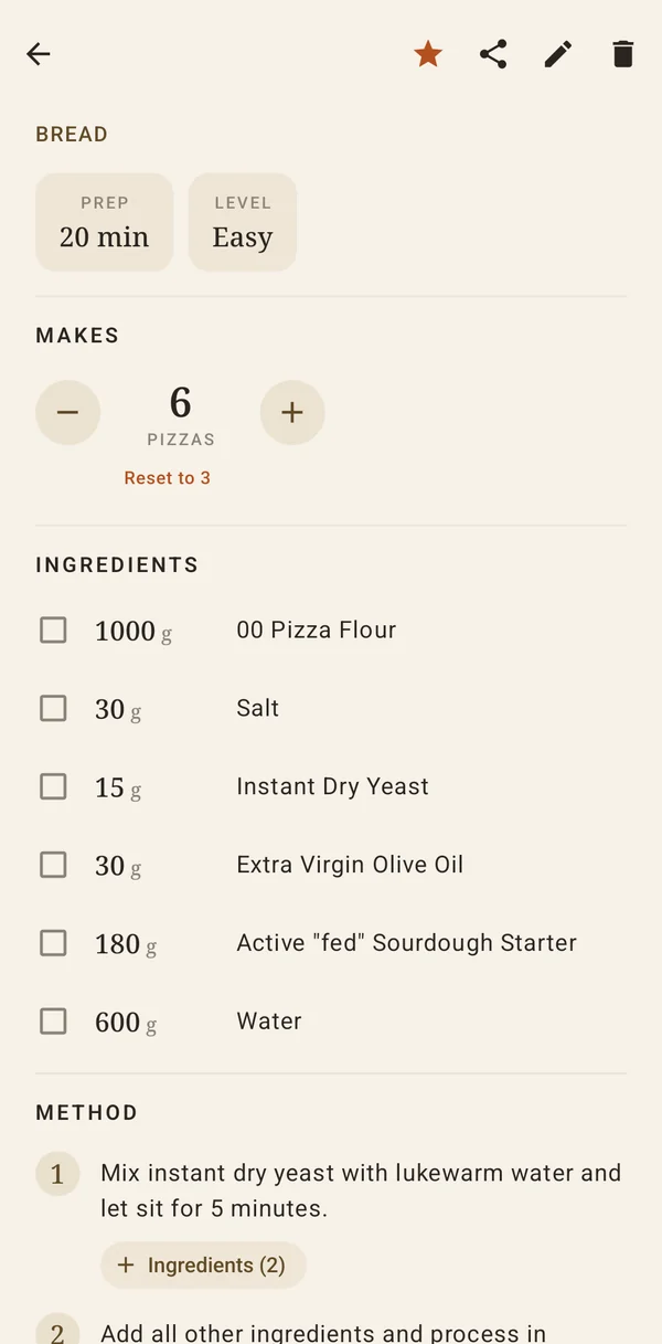 A pizza dough recipe scaled from 3 to 6 pizzas, with every amount doubled